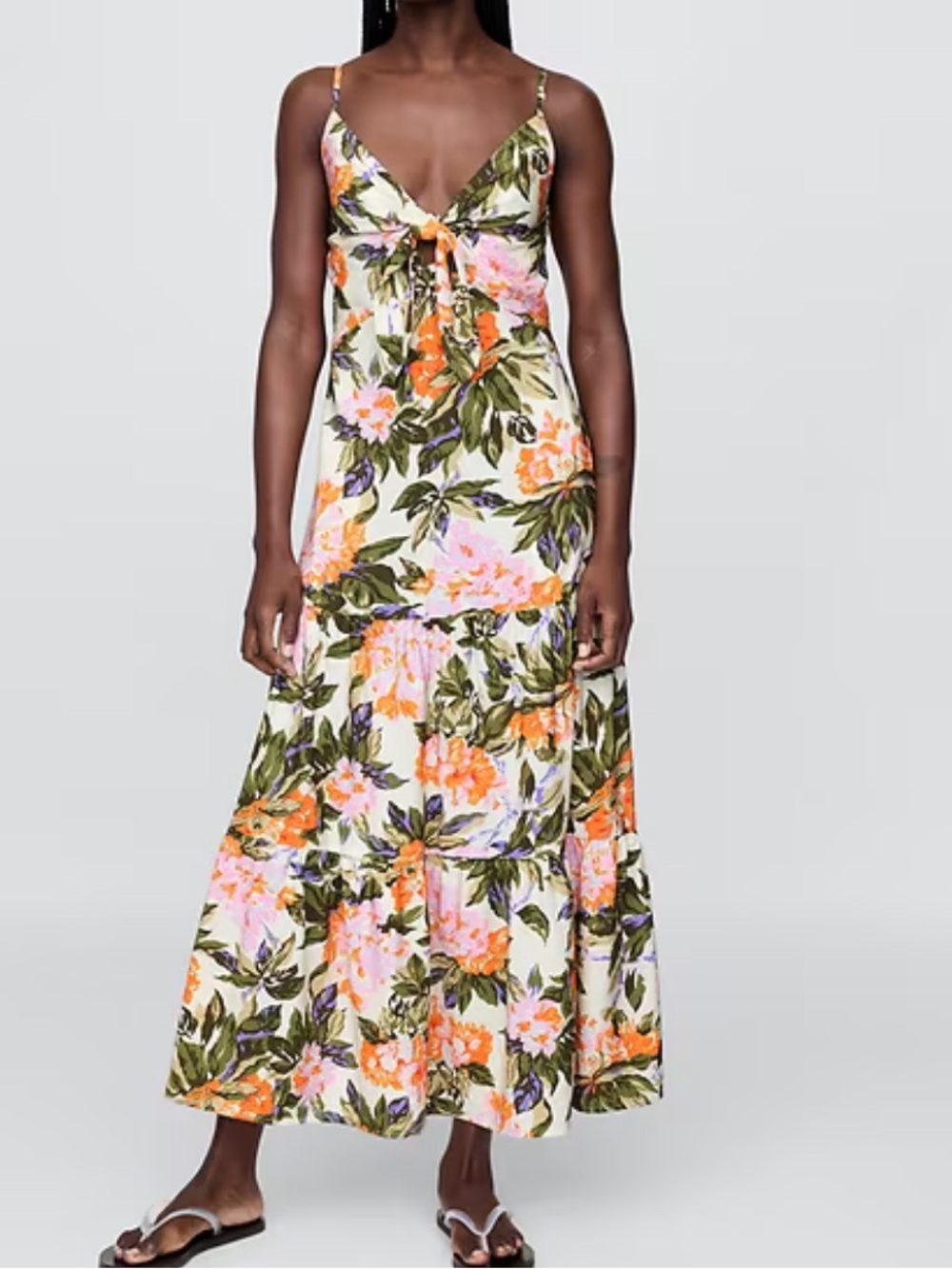 GAP Tie-Front Tiered Maxi Sun Dress Size Large Orange Pink Floral Sleeveless